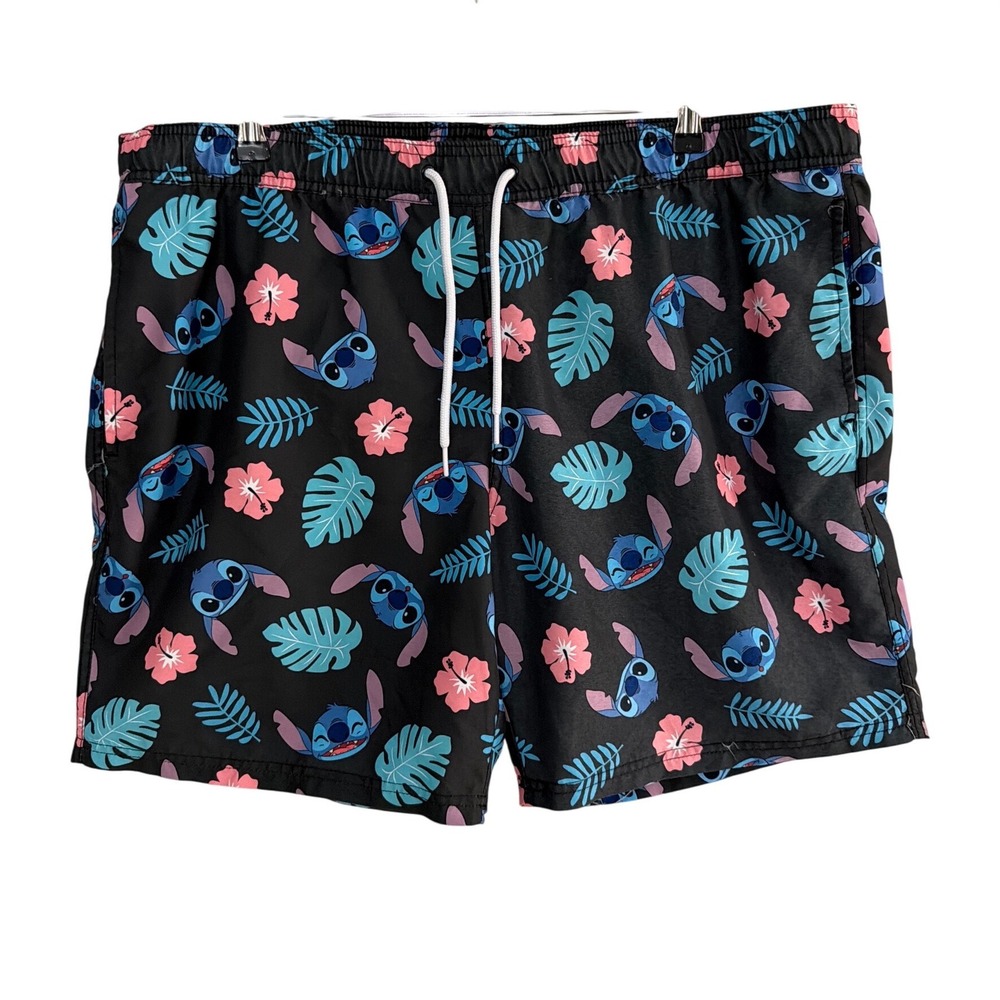 Disney Stitch Men Swim Trunks XL Black Tropical Floral Lilo & Stitch Board Short